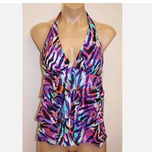 NWT Caribbean Joe Swimsuit Tankini Top Black Purple Pink Multi